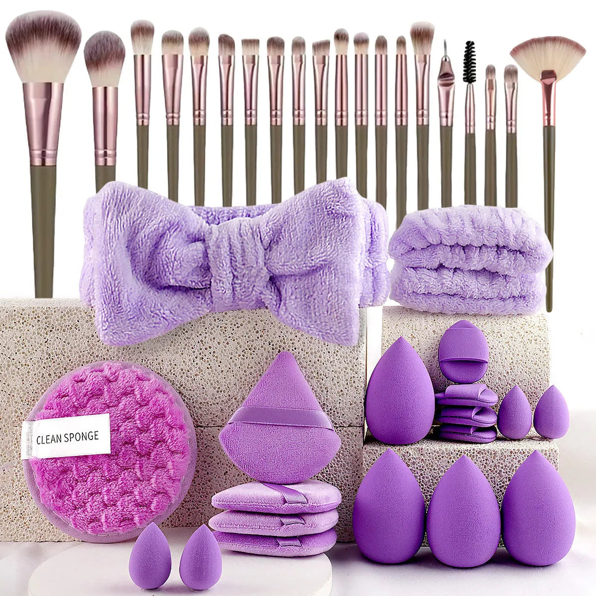 Hydrophilic non-latex beauty brush set with face washing and makeup application tools in brown, pink, or purple colours