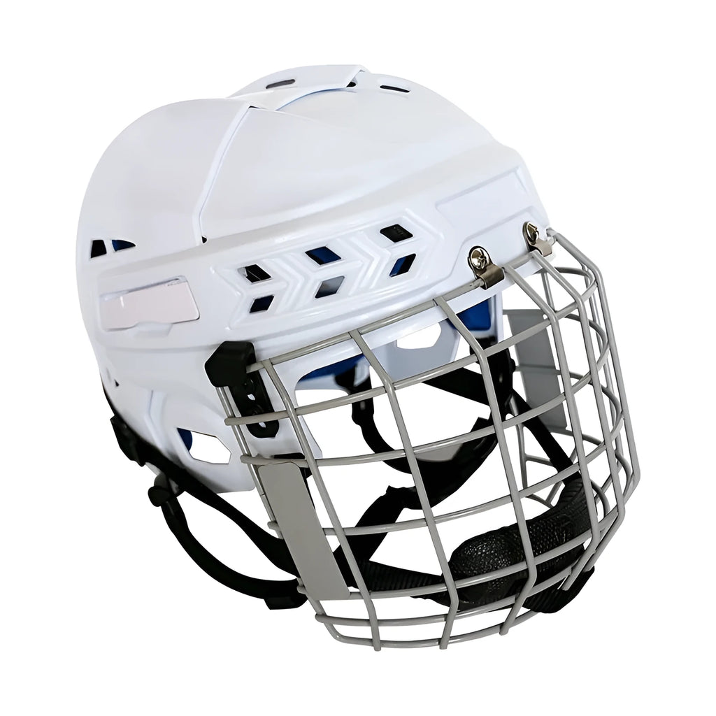 Ice hockey helmet with integrated steel face mask shown in size options S, M, L, XL.
