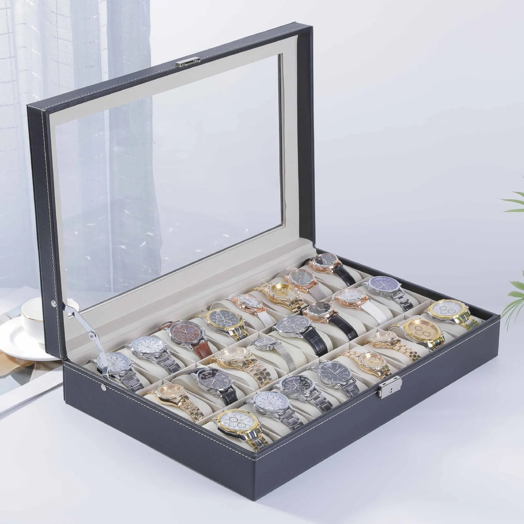 Grey leather watch storage box with transparent dustproof lid showing multiple capacity size options