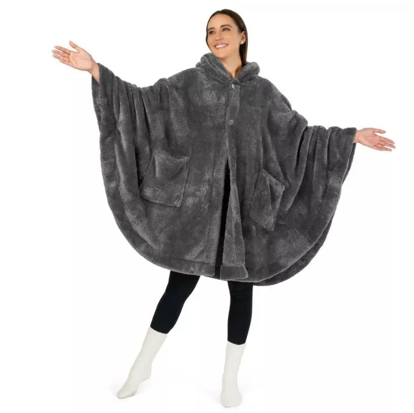 Super thick hooded polyester bathrobe in cardigan style with long sleeves