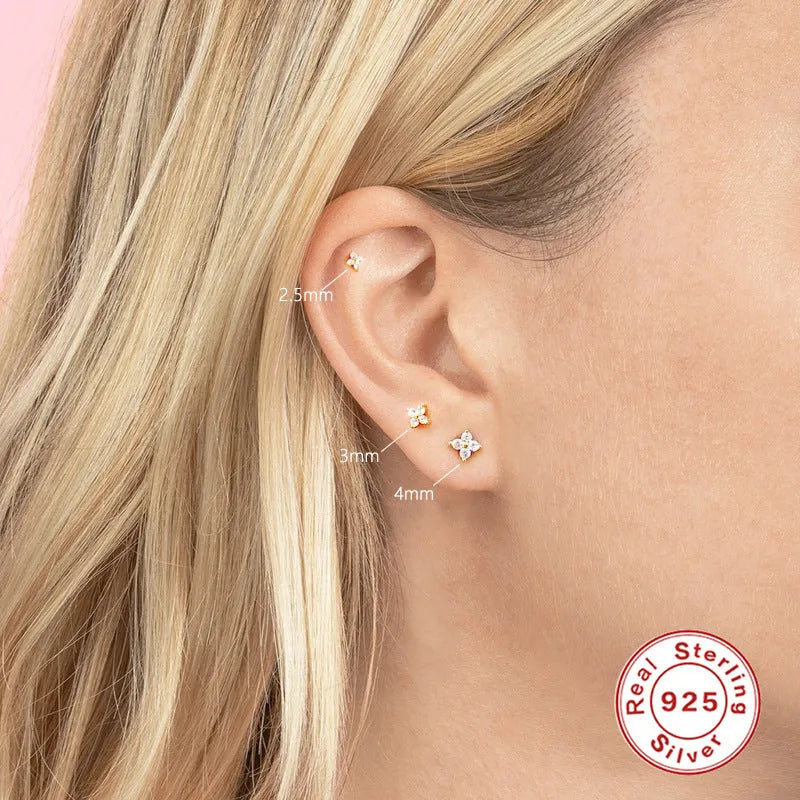 S925 sterling silver petal flower stud earrings with crystal details in gold or platinum finish