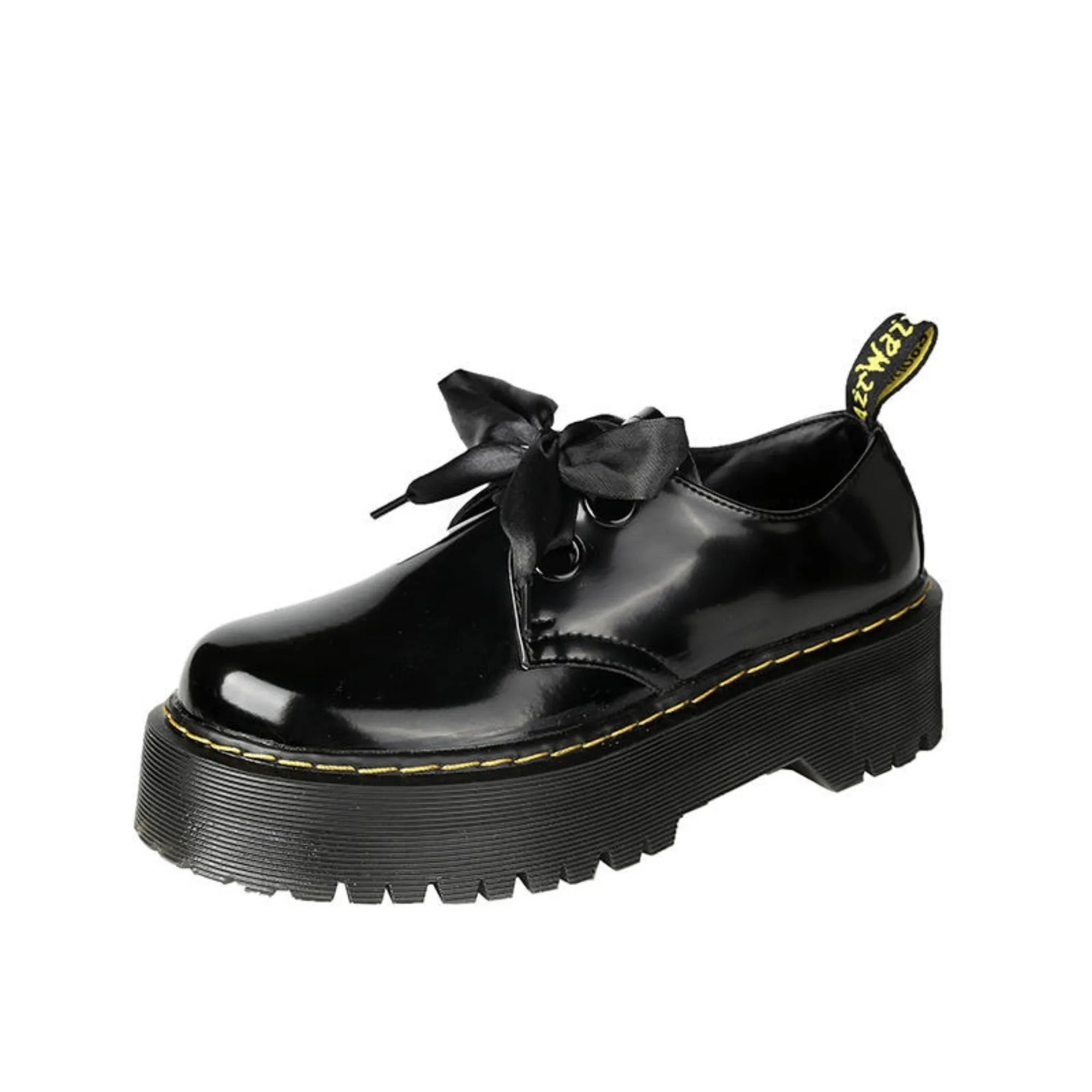 Women's black thick-soled leather shoes with cross straps and ribbon decoration
