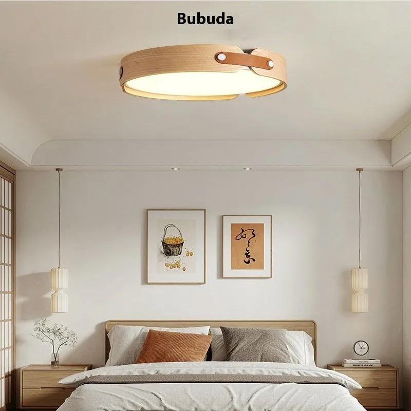 Japanese walnut bedroom ceiling lamp with PMMA lampshade and wooden shade in warm light colour