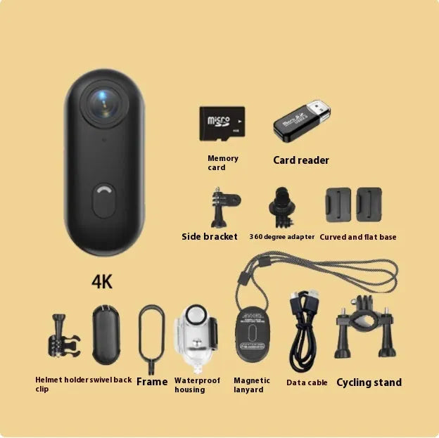 H88 thumb-sized 4K mini sports camera with magnetic mount and waterproof case on a black background