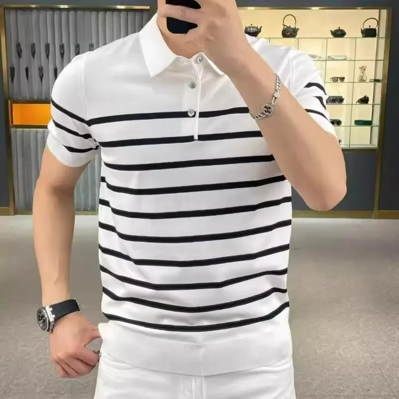Black and white striped pullover T-shirt with a lapel-style neckline laid flat.