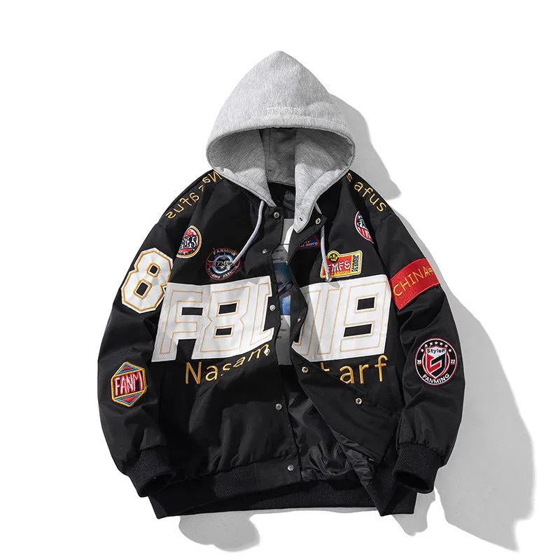 Black loose-fit motorcycle baseball jacket with a removable hood and side pocket.