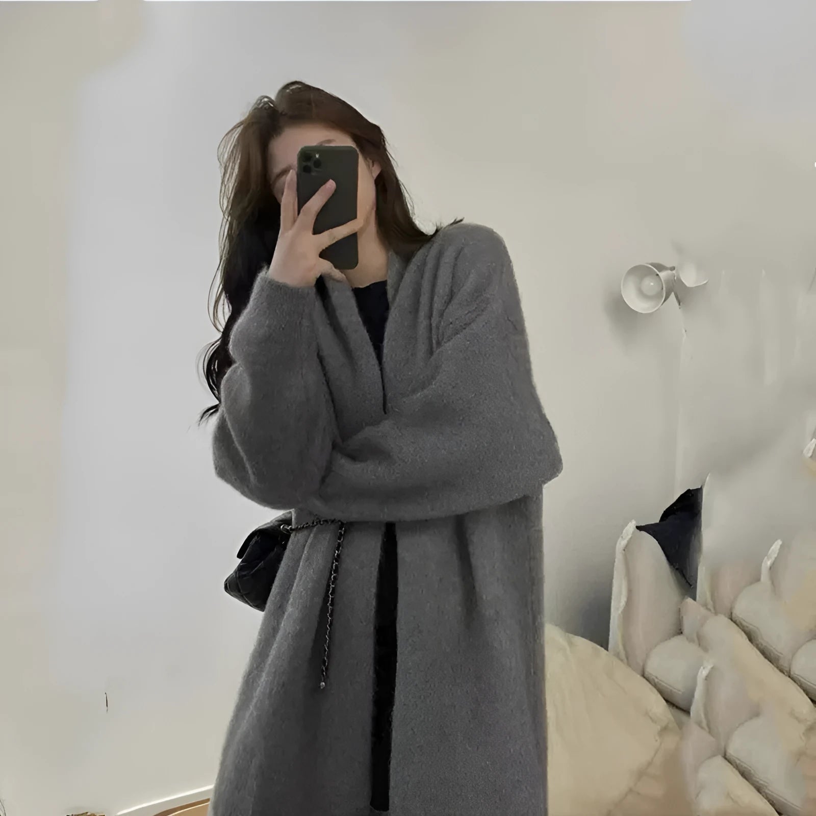Women's loose chenille knit cardigan in dark grey with 3D effect pattern and long sleeves