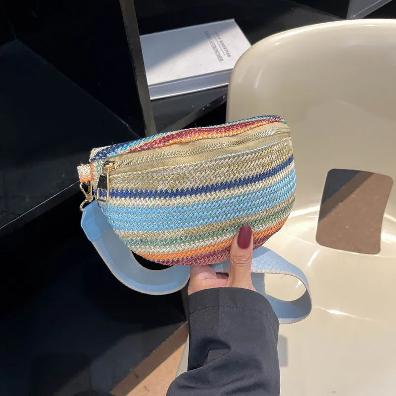 Blue woven straw women's shoulder bag with single strap and shell shape