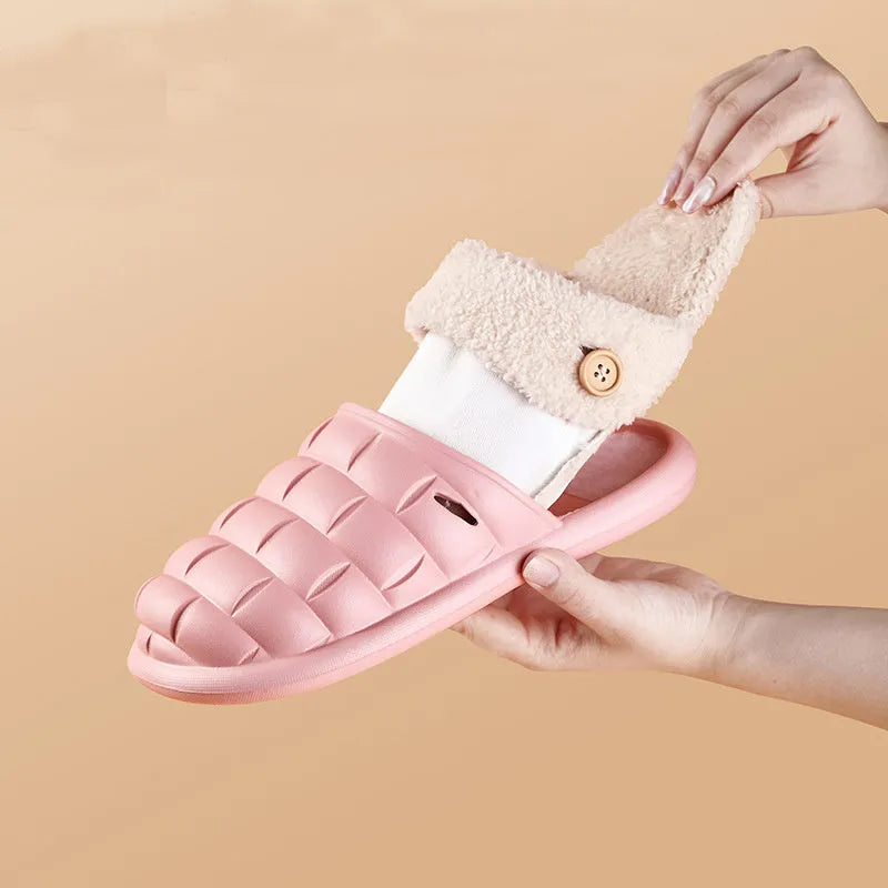 Women's EVA detachable slippers with plush lining in pink, green, yellow, white, grey, or black.