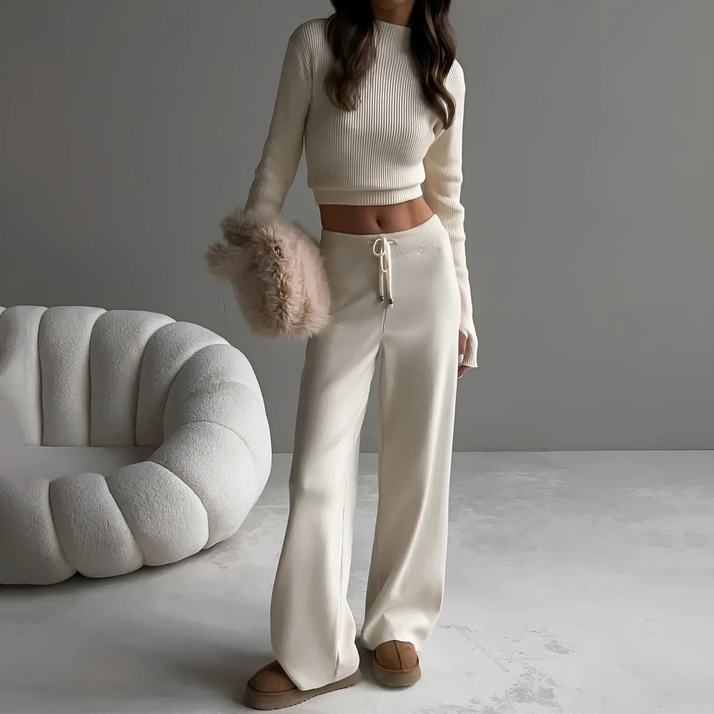 Women's cotton blend suit set in solid colour with long-sleeve top and trousers, apricot tone, street fashion style