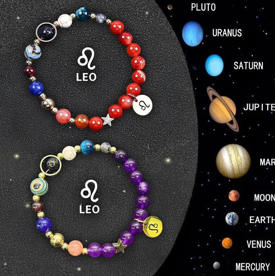 Natural stone beaded zodiac bracelet set with metal charm pendants showing astrological symbols