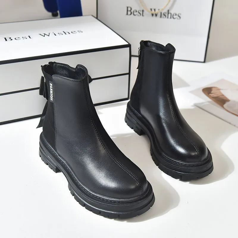 Women's British style platform Martin boots in solid black with rubber sole, low tube design, sizes 35-43