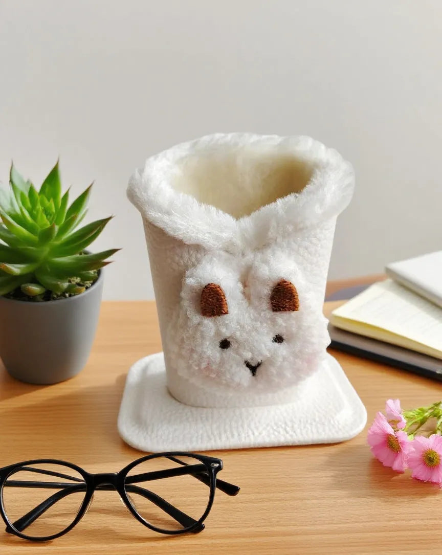 Nordic style fluffy cartoon desktop glasses storage bucket in leather with animal design, 11.6x8.1x12cm