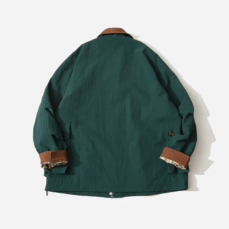 Men's and women's contrast color casual jacket in green or apricot polyester with long sleeves and side pockets