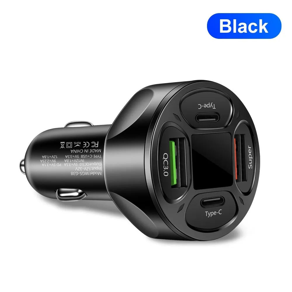 66W digital display car charger with two USB and two Type-C ports on a black background