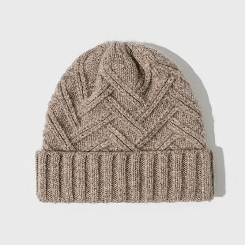 Wool knitted women's hat with dome crown in ankela red colour showing knitted texture