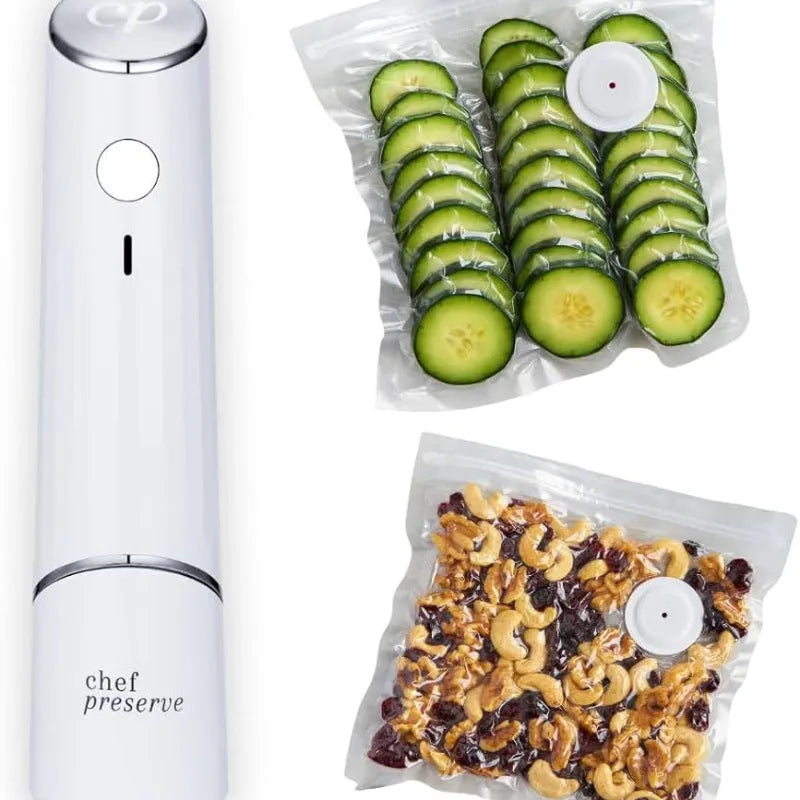 White USB electric suction pump with food-grade vacuum storage bags for kitchen food preservation