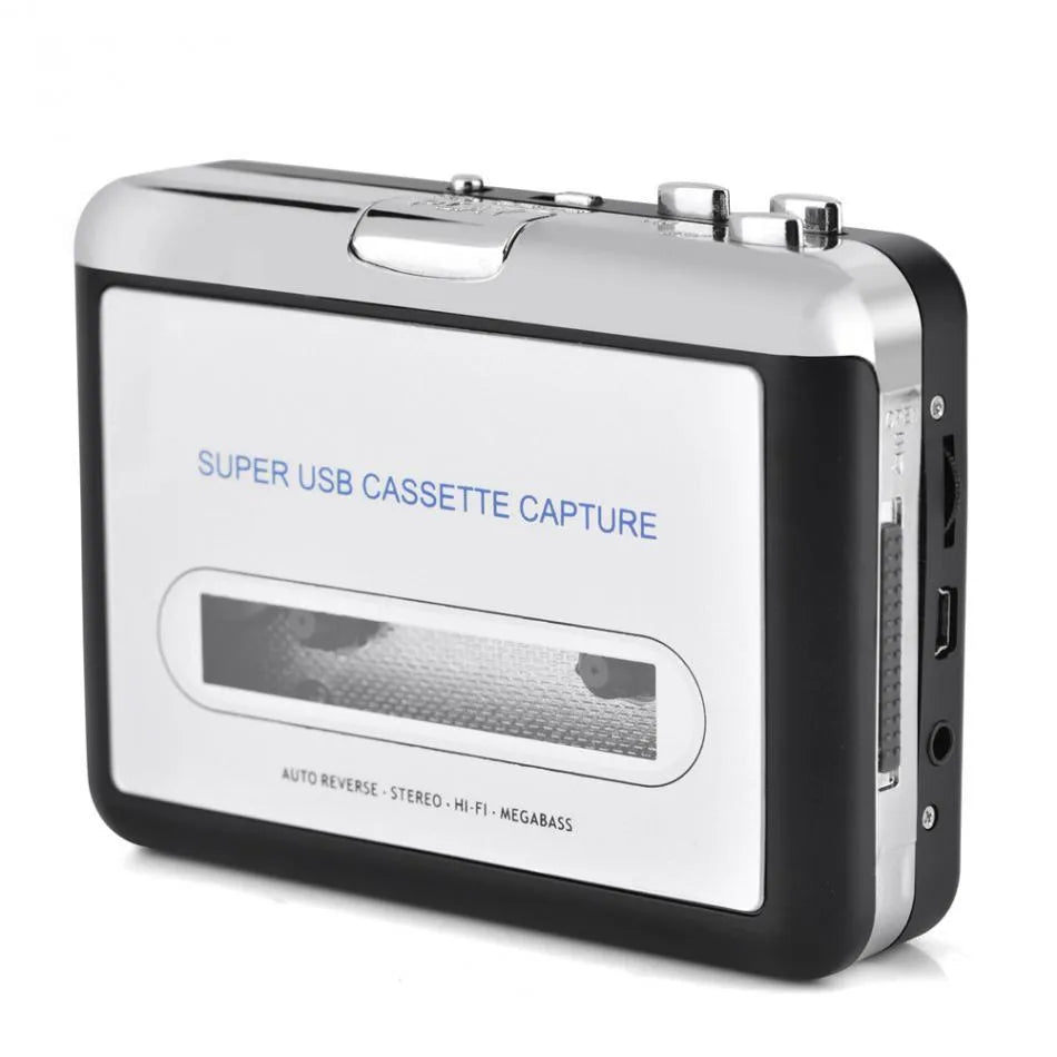Silver USB cassette converter for converting tapes to MP3 files with USB cable and earphones