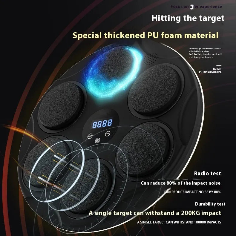 Black Bluetooth boxing target with coloured LED lights hanging on wall for fitness training