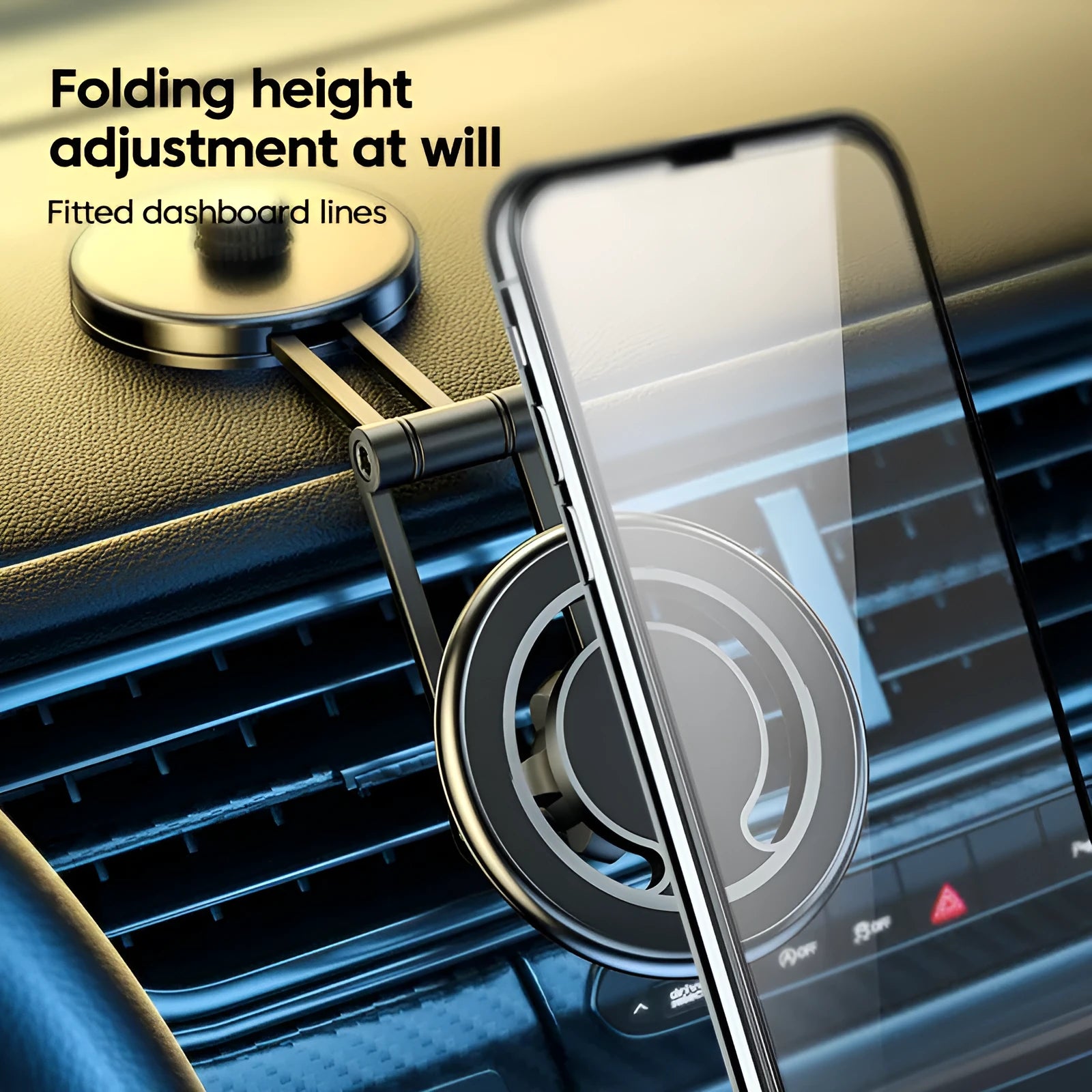 Telescopic folding car phone holder with magnetic attachment in black or silver colour