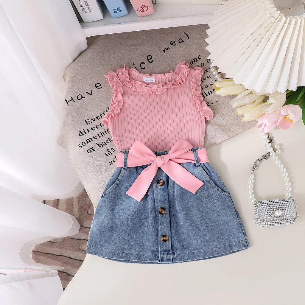 Girls cotton skirt suit three-piece set in solid colour pink with matching belt