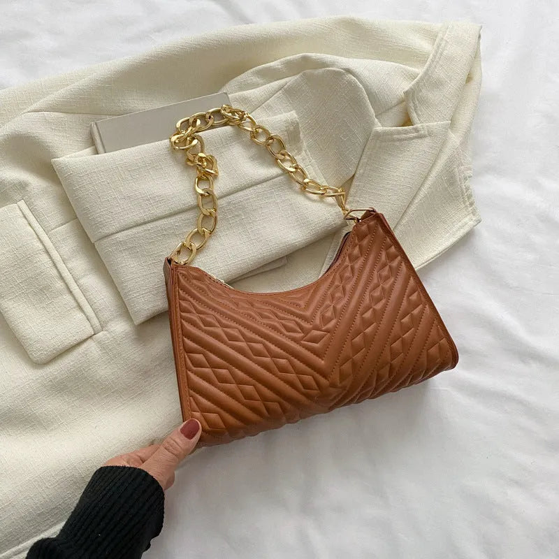 PU leather pleated chain baguette bag in vertical square shape with shoulder strap and carry handle