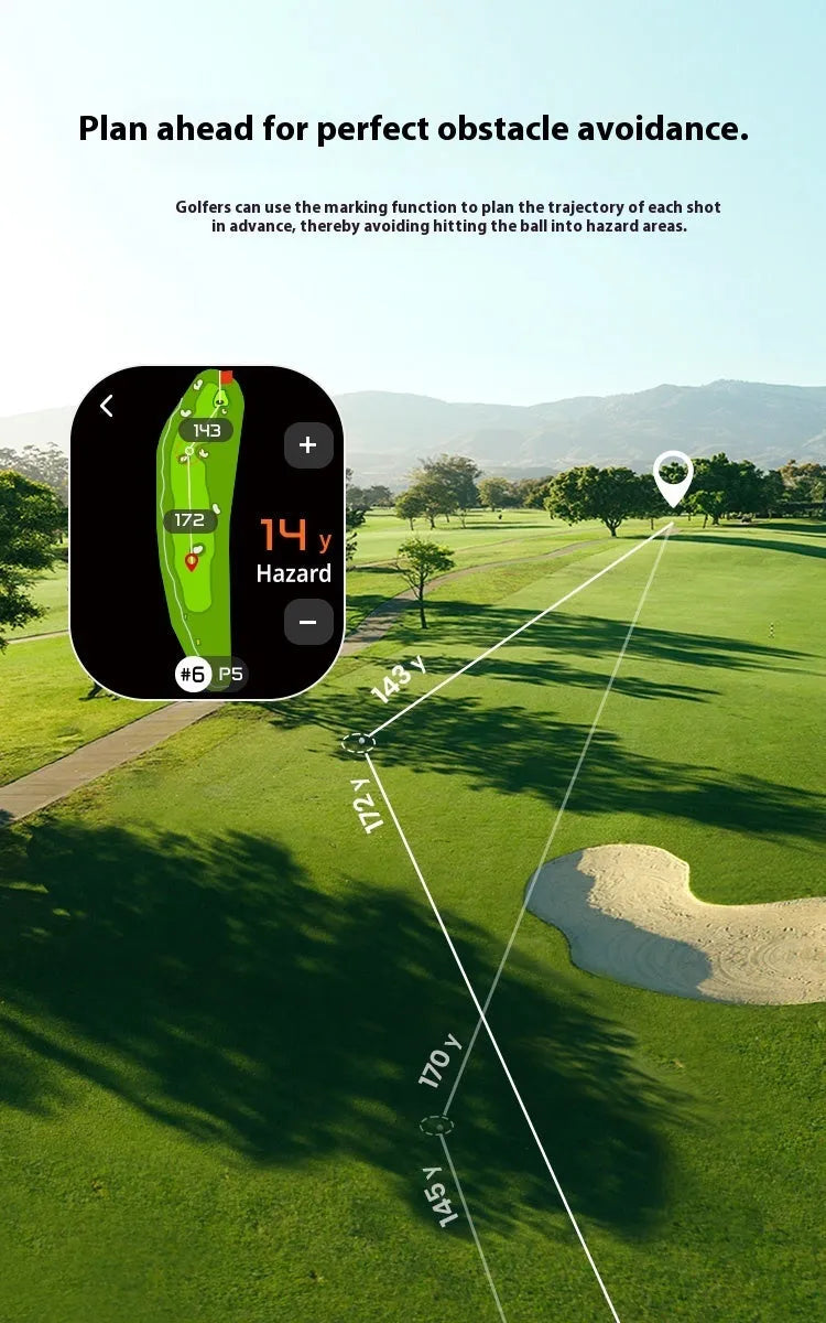 Black GenePro G1 golf GPS laser rangefinder with AMOLED touch screen shown in hand.