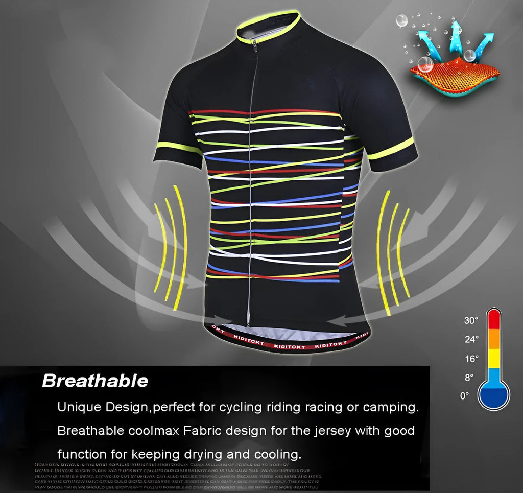 Men's summer cycling jersey set in white with moisture wicking fabric, short sleeves, and black shorts