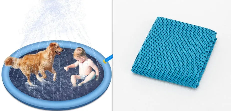Blue non-slip PVC splash pad for kids and pets, 150cm, on a grassy lawn