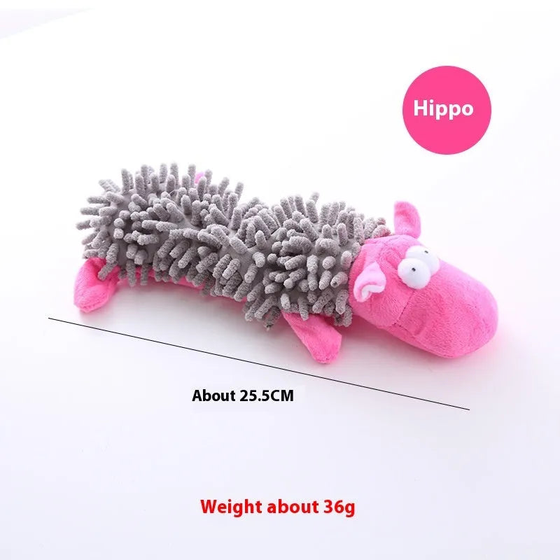 Brown dog design microfiber plush molar toy for horses shown beside pink pig version