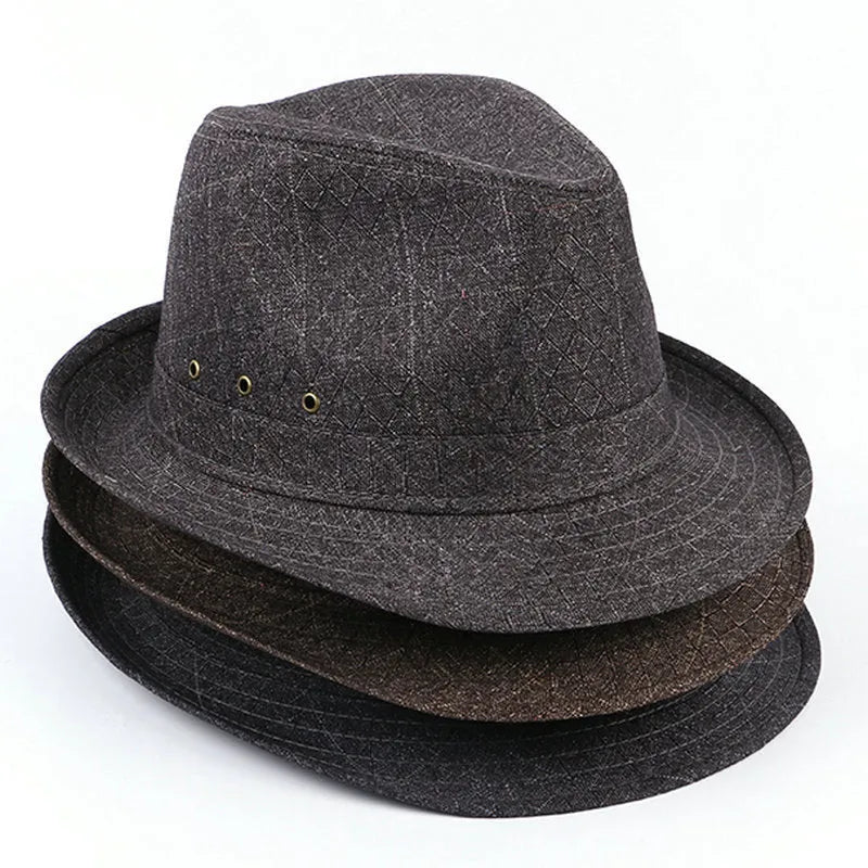 A thickened suit material fedora hat for men shown in a grey colour variant.