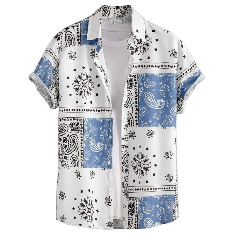 Men's slim fit short sleeve Hawaiian shirt cardigan in elastic polyester fabric