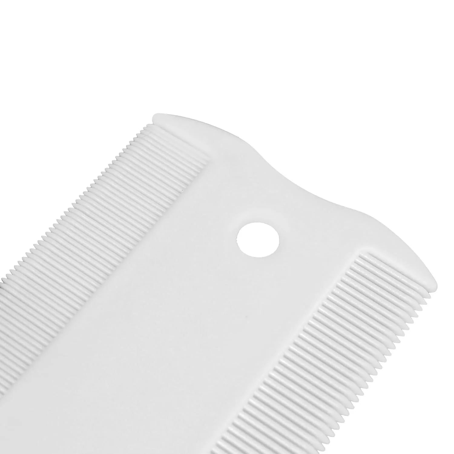 A double-sided plastic flea comb for pets with dense teeth, shown with its dimensions of 0.85 cm by 5 cm.