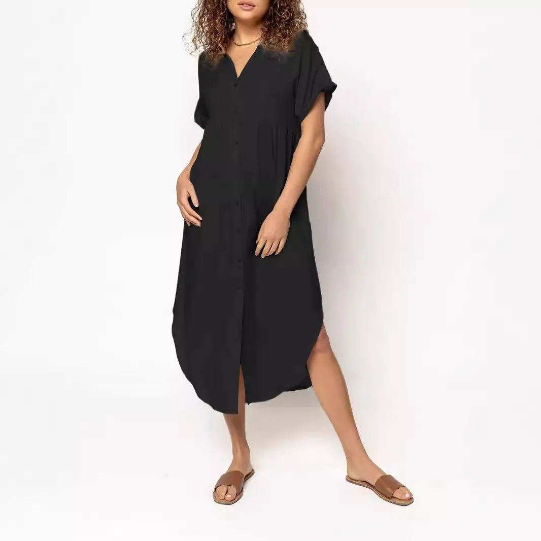 Button-front mid-length casual dress in solid colours with regular sleeves and polyester fabric