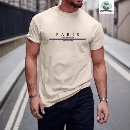 Men's white short-sleeved t-shirt with black letter print design on pure cotton fabric