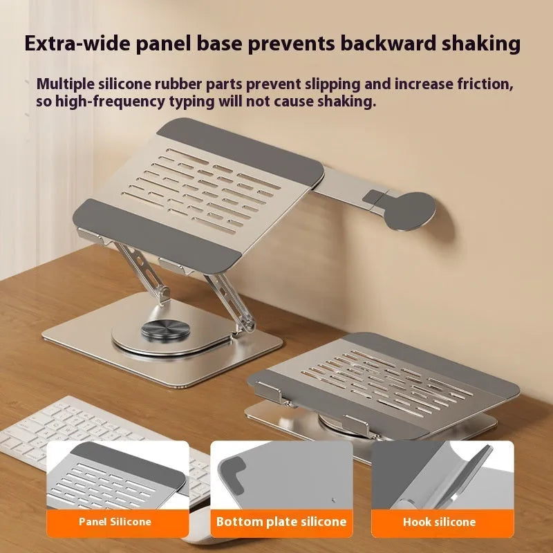 Silver carbon steel laptop stand with a side-mounted, 360-degree rotating magnetic phone holder