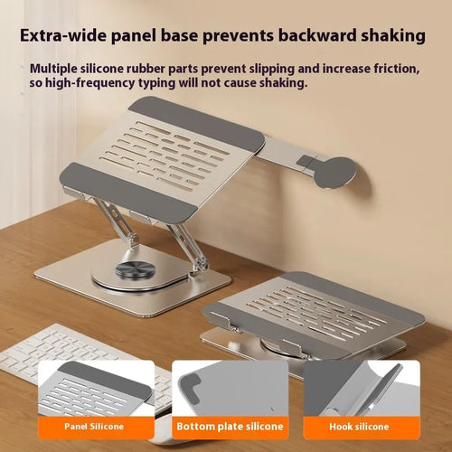 Silver carbon steel laptop stand with a side-mounted, 360-degree rotating magnetic phone holder