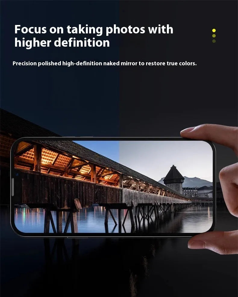Tempered glass camera lens protector for iPhone showing integrated rear film covering camera module