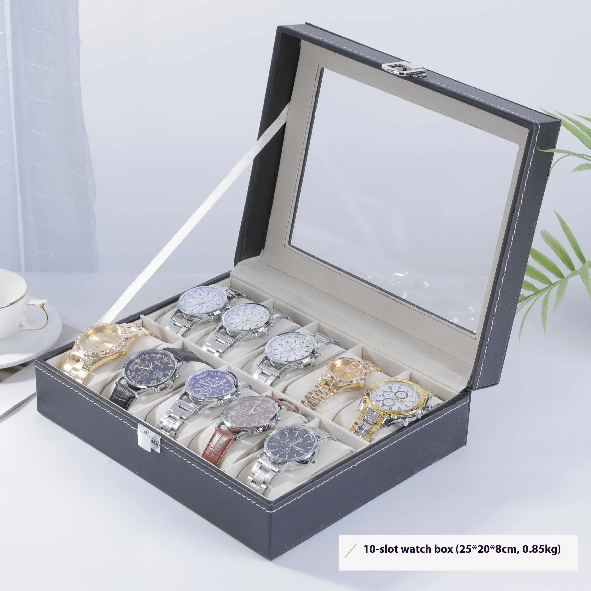 Grey leather watch storage box with transparent dustproof lid showing multiple capacity size options