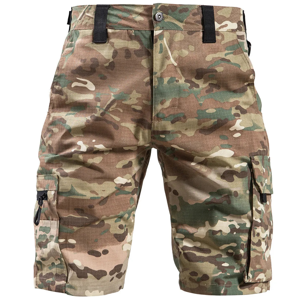 Tactical camouflage cargo shorts for summer training, knee-length, straight-leg, in army green colour, size 30-40