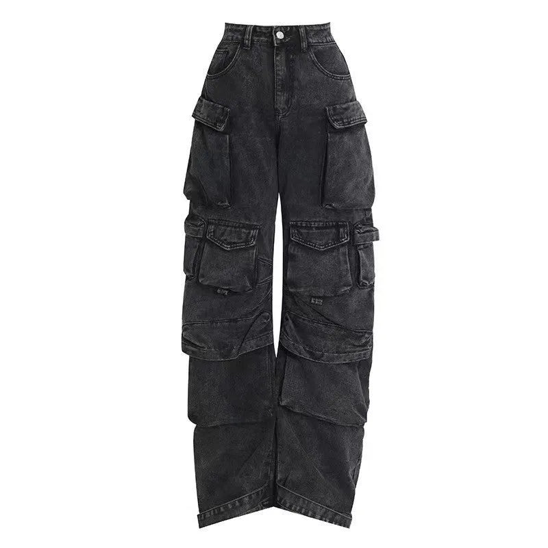High waist wide leg denim trousers with multi-pocket street hipster design in blue colour