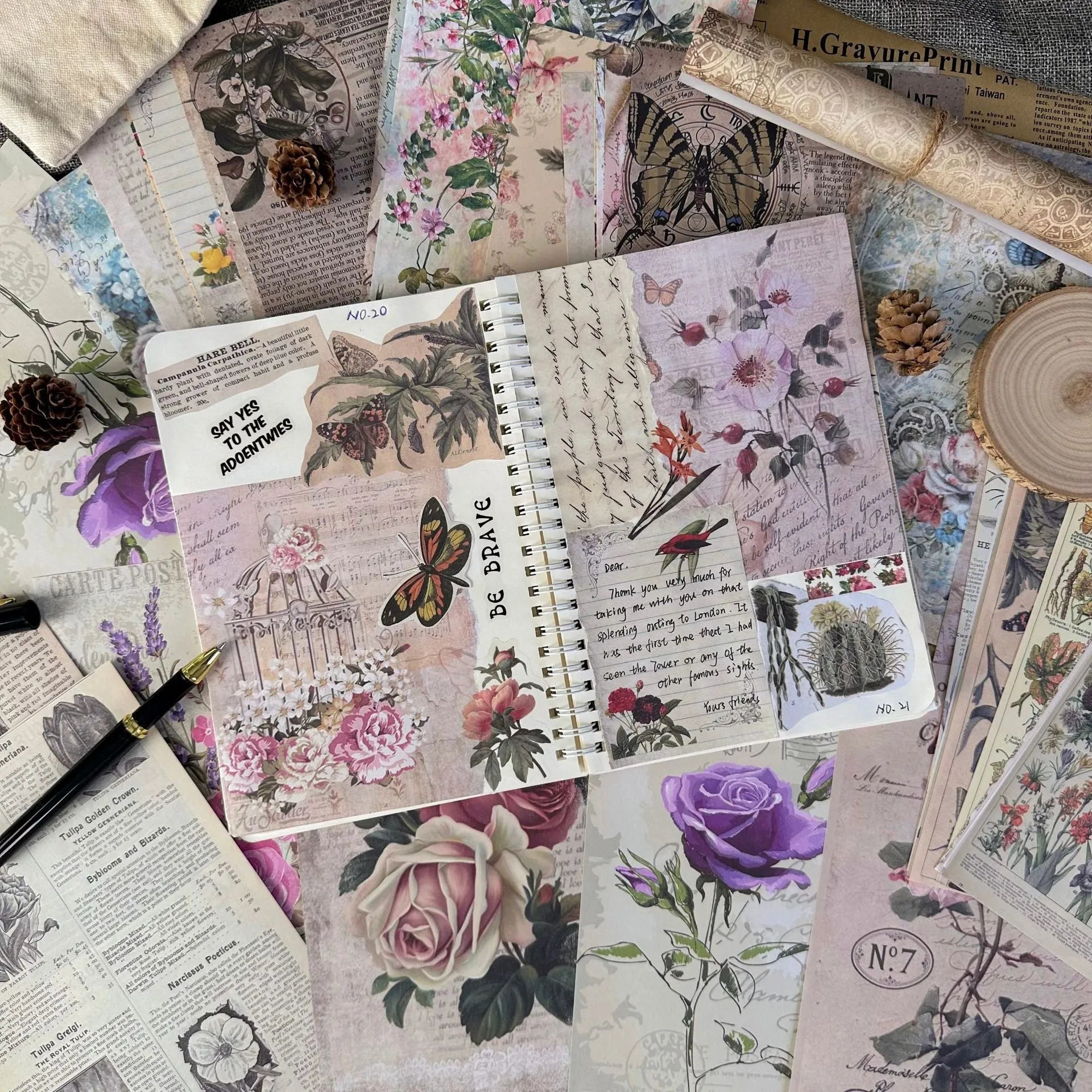 30-piece vintage scrapbook paper set with botanical floral and musical printed designs