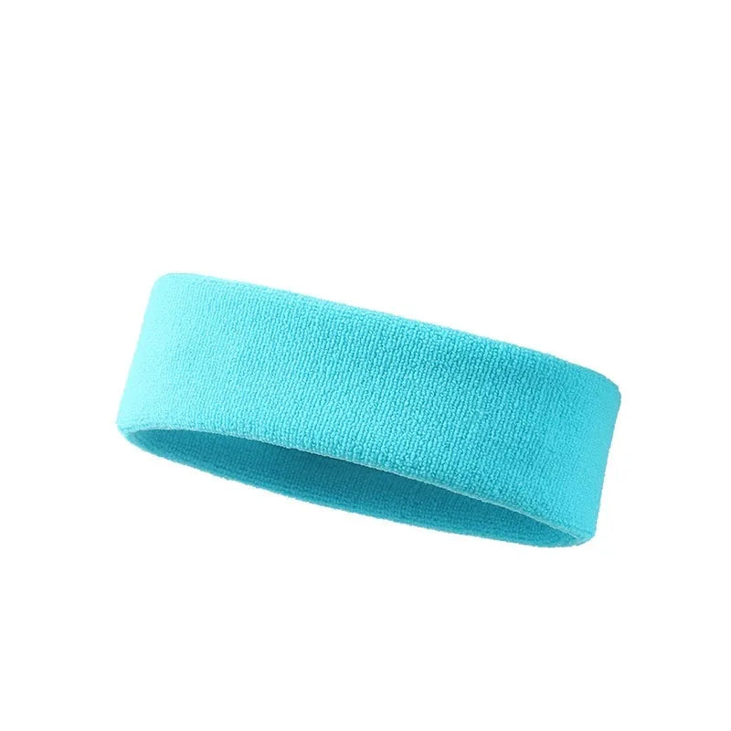 Elastic widening sports sweat headband in solid colours: black, blue, red, rose red, sky blue.