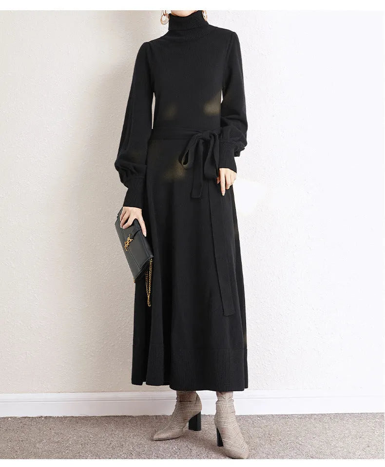 Turtleneck knitted dress with elastic waist and loose big hem in rose red colour