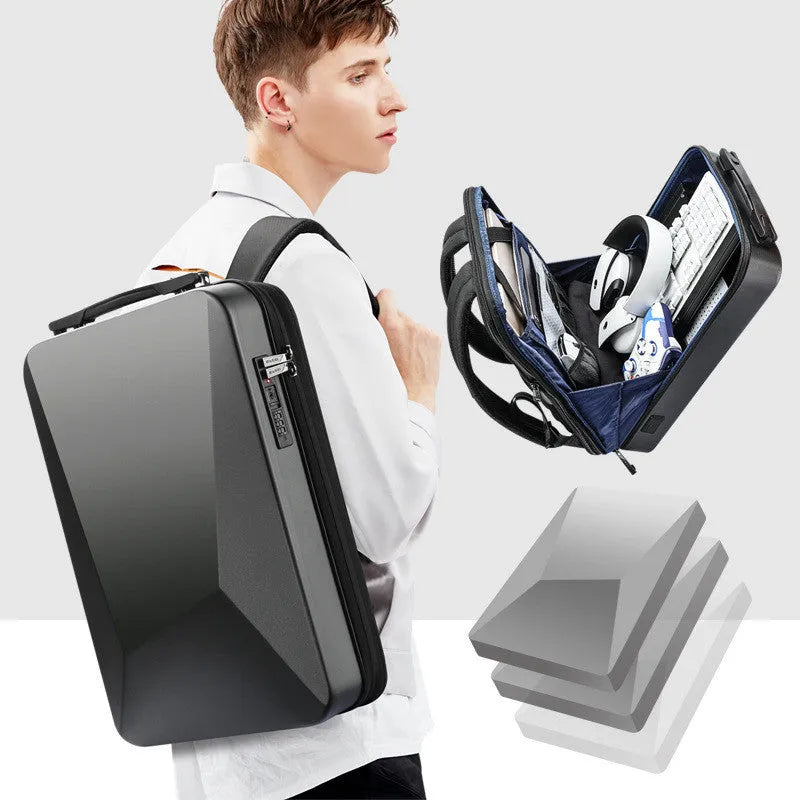 Hard shell gaming backpack with lock showing dedicated computer and phone compartments