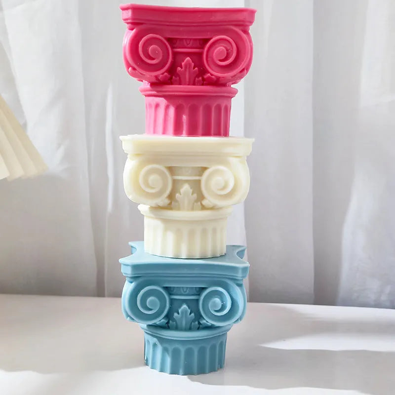 A flexible silicone mould for making irregular Roman pillar shaped candles, cakes, and crafts.