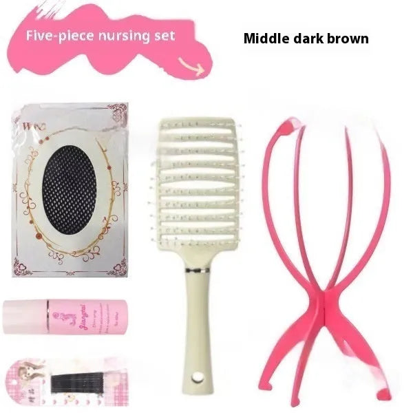 Natural black full-head forehead lace wig with straight mid-length hair displayed with comb, clip, bracket, and bottle.