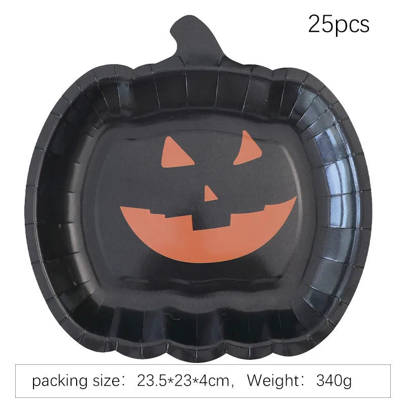 Black disposable paper plate with cute pumpkin design for Halloween, 9 inches in diameter.