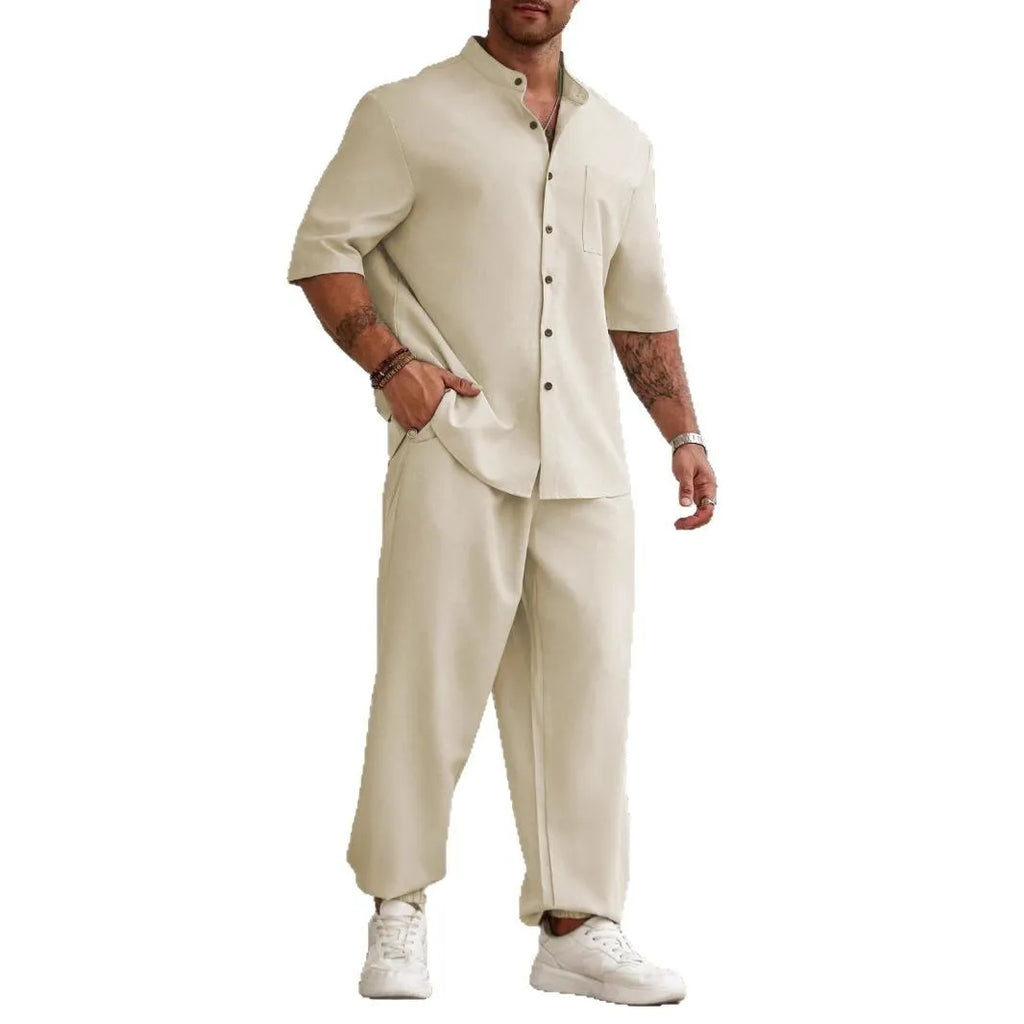 Men's casual cotton linen trousers set with short-sleeved shirt in three colour options
