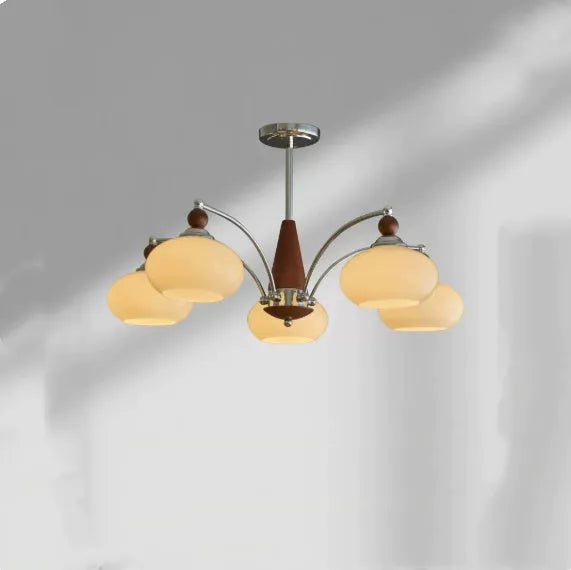Creative persimmon glass chandelier with chrome frame and multiple glass shades in milky white or cream yellow.